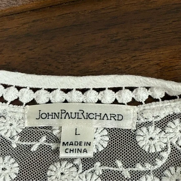 John Paul Richard White Lace Blouse L | Boho Chic Sheer Top Spring Summer Work - Picture 6 of 9